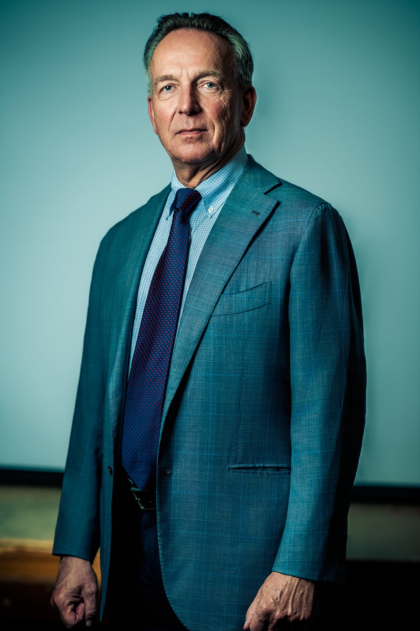 Professor Stefan Homburg. Professioneller, seriöser, konservativer Look. Dunkelblauer karierter Anzug, hellblaues Hemd, dunkelvioletter/purpurfarbener Seidenbinder. Kurz geschnittenes, graumeliertes Haar, sehr gepflegt. Direkter, selbstbewusster Blic