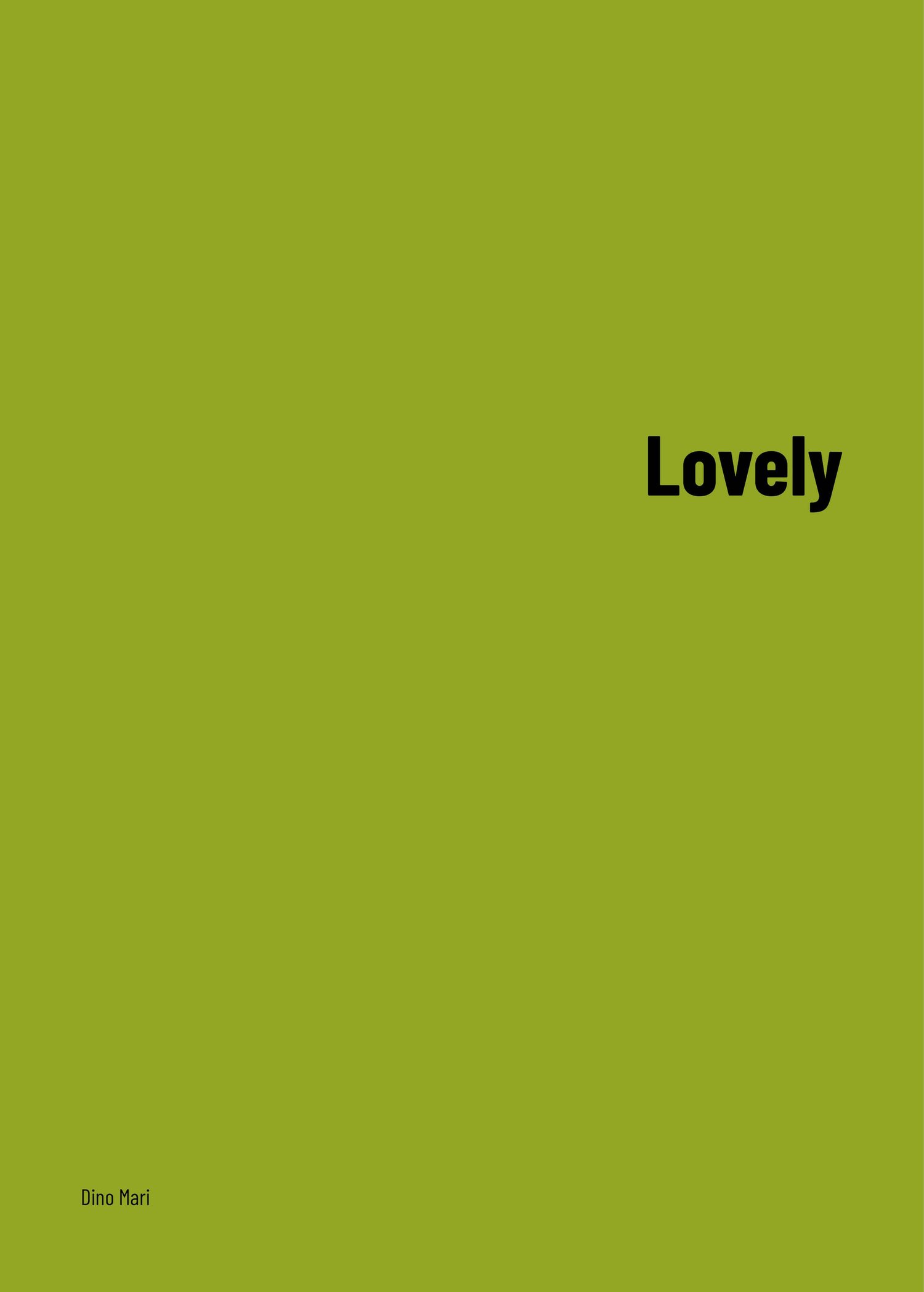 Grüner Hintergrund mit dem Wort "Lovely" in schwarz in der oberen rechten Ecke und einem kleinen Text "Dino Mari" in der unteren linken Ecke.