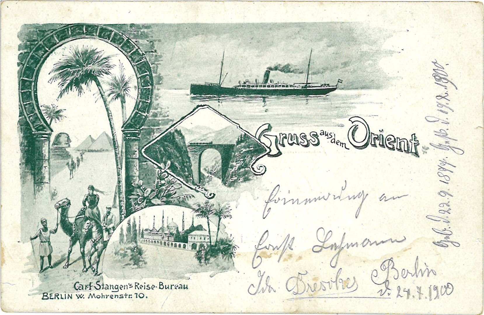 Postkarte des Reise-Bureau’s Carl Stangen, datiert 24.7.1900