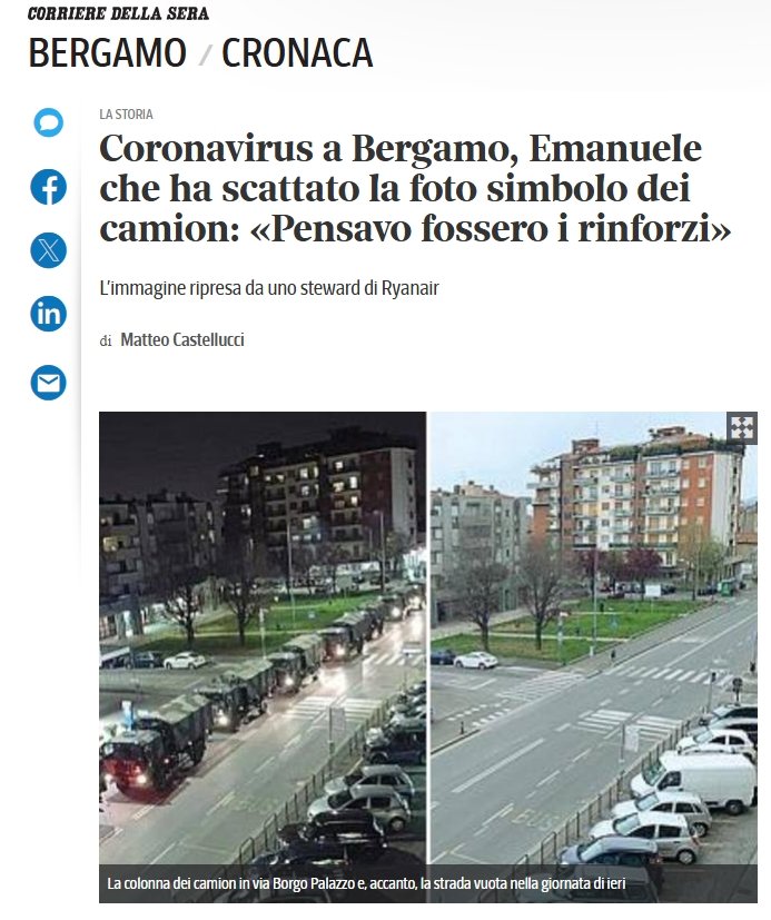 Die von Di Terlizzi aufgenommene Szene links, rechts der gleiche Ort bei Tag. C Corriere Della Sera, Bergamo 26. März…