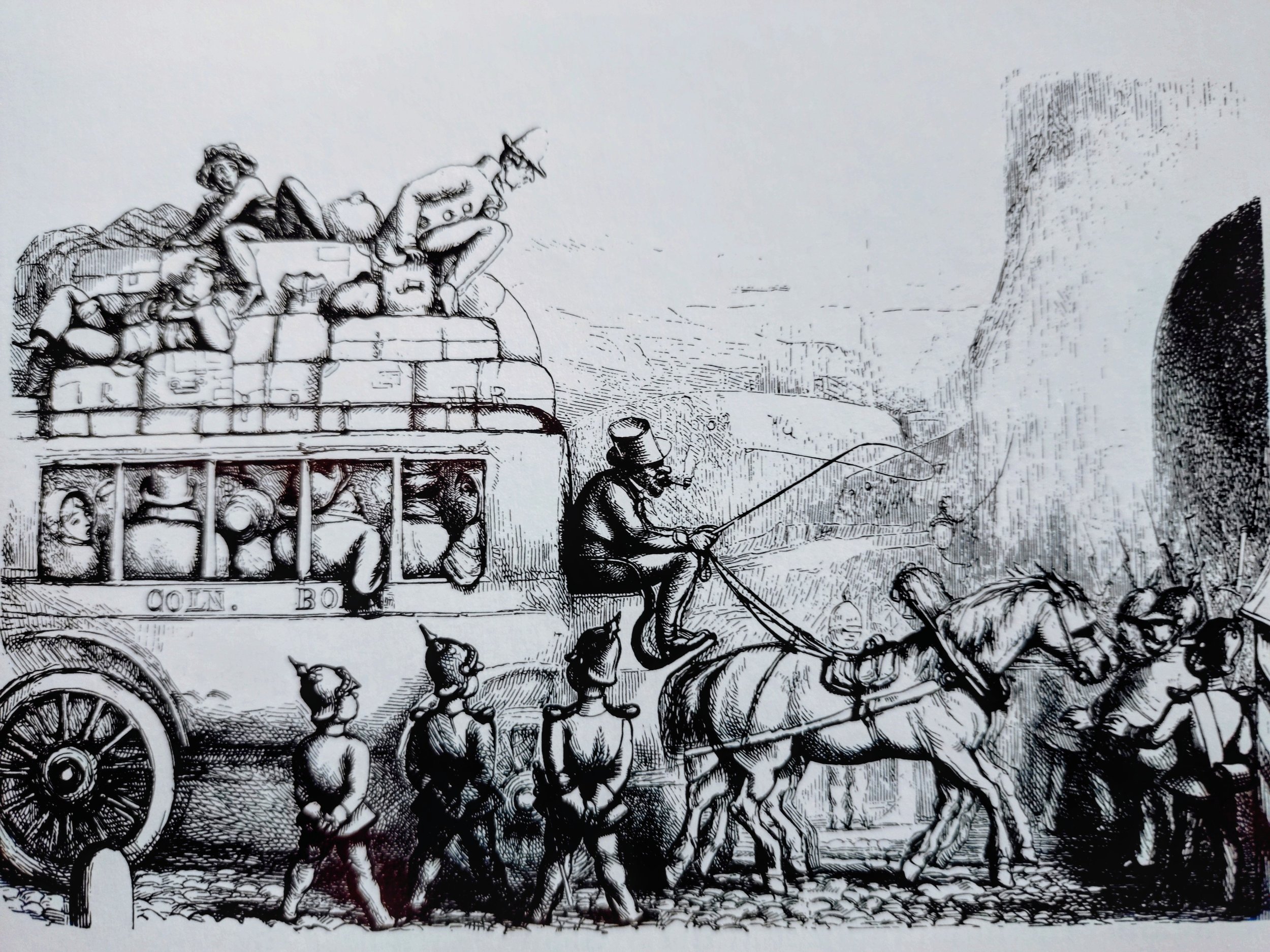 Eine Fernkutsche (“Diligence”) an einer der zahlreichen Zollstellen. (Aus Richard Doyle, “The Foreign Tour of Messrs…